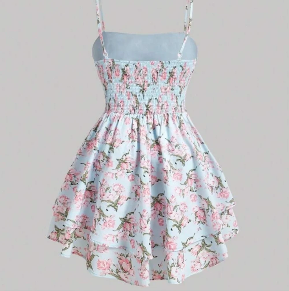 Shein MOD light blue pink ditsy floral lace up strapless mini dress - Picture 2 of 12